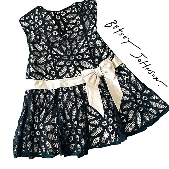 NEW Betsey Johnson dress black lace gold satin drop waist bow corset pouf mini 2 - Picture 1 of 10
